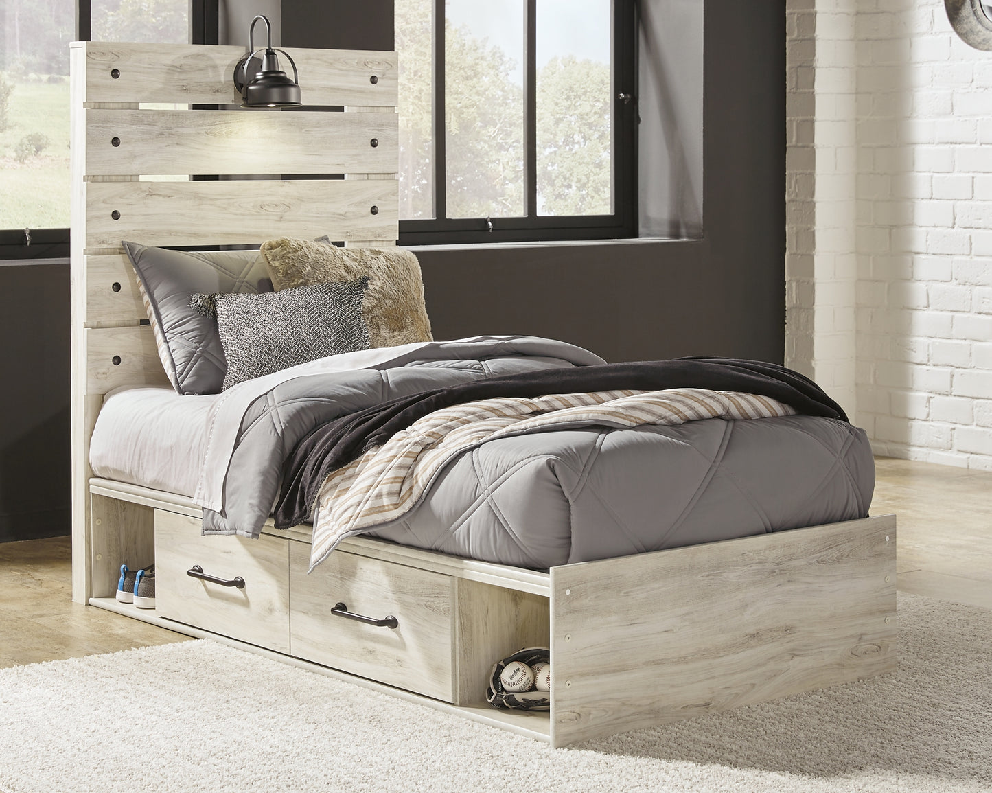 Cambeck Panel Bed With 2 Storage Drawers With Mirrored Dresser And Chest