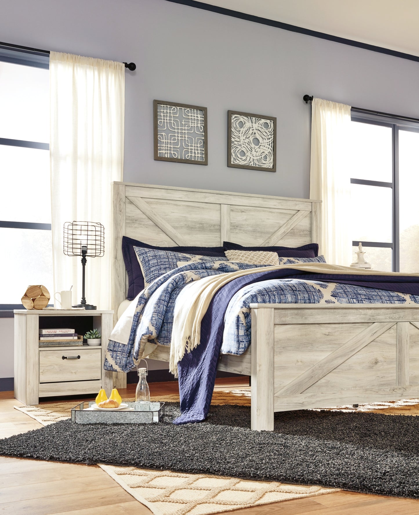 Bellaby Crossbuck Panel Bed With Mirrored Dresser And 2 Nightstands