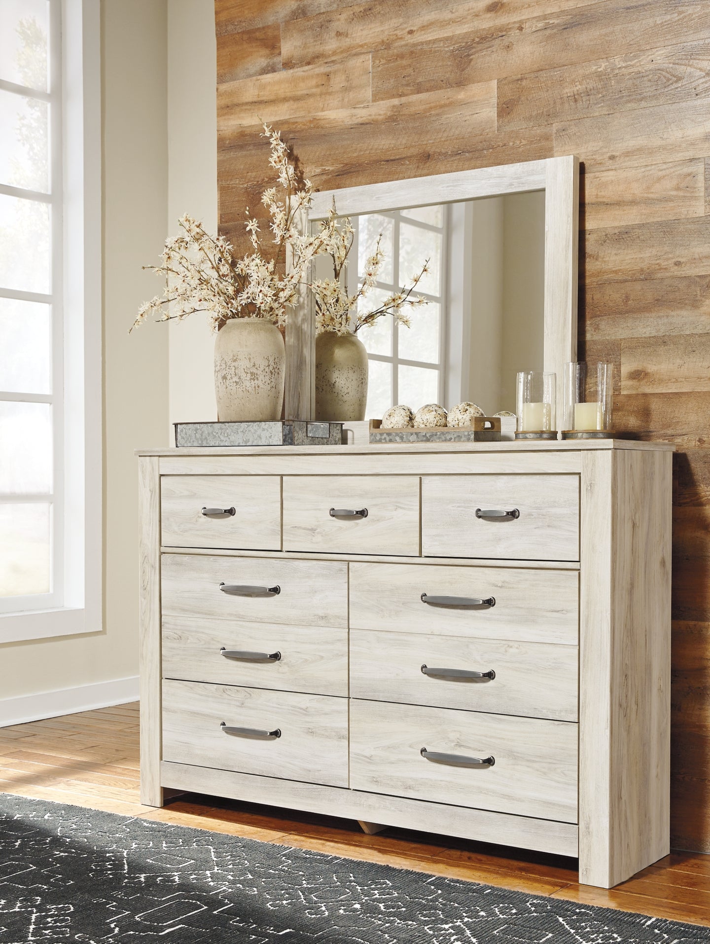 Bellaby Crossbuck Panel Bed With Mirrored Dresser And 2 Nightstands