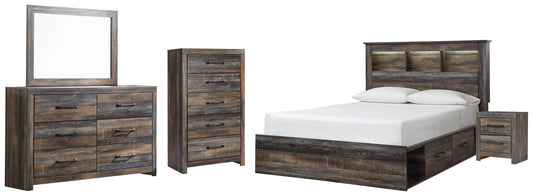 Drystan Queen Bookcase Bed with 2 Storage Drawers, Dresser, Mirror, Chest and Nightstand