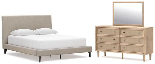 Cielden Queen Upholstered Bed with Roll Slats, Dresser and Mirror
