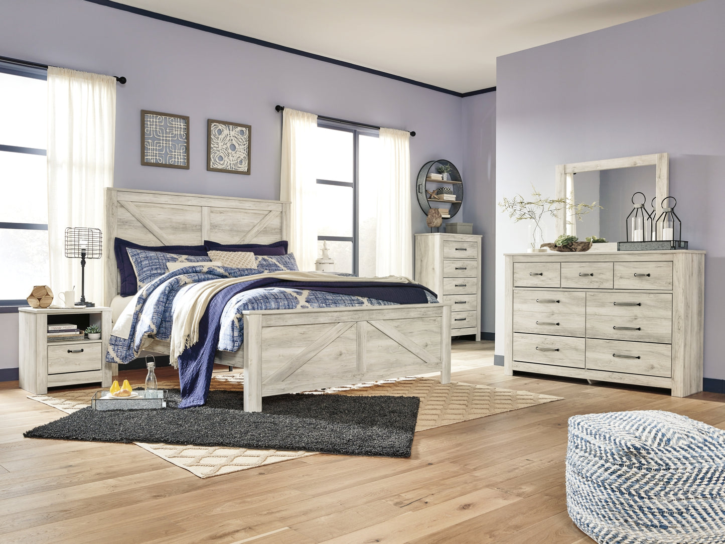 Bellaby Queen Crossbuck Panel Bed with Mirrored Dresser, Chest and 2 Nightstands