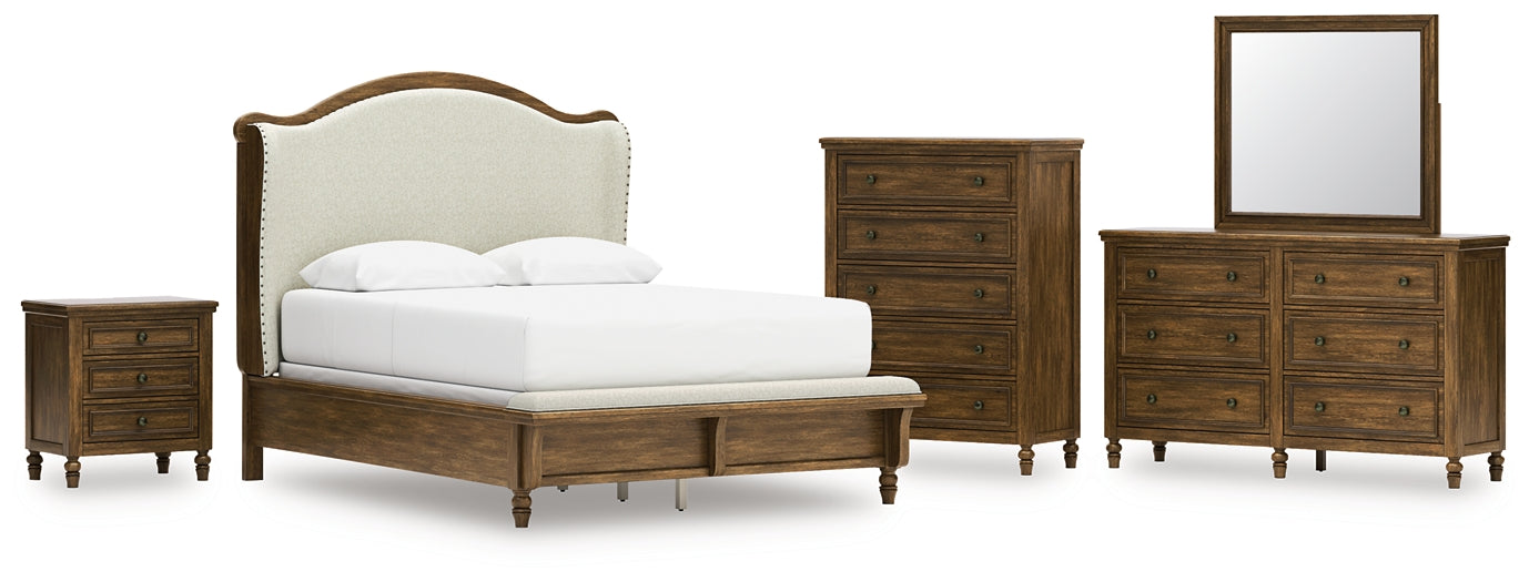 Sturlayne Queen Upholstered Panel Bed with Mirrored Dresser, Chest and Nightstand