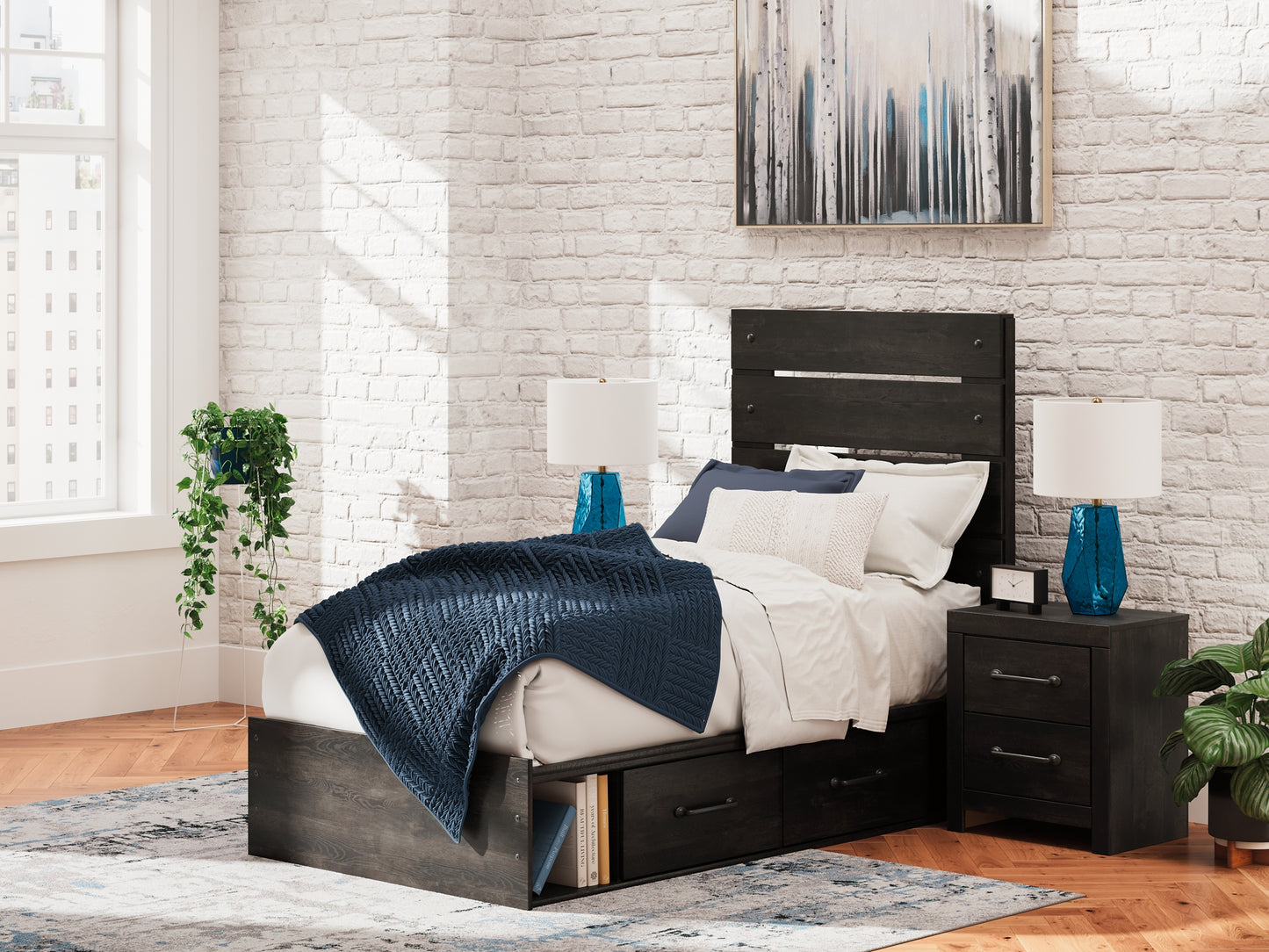 Hollivern Twin Panel Bed with Storage with Mirrored Dresser, Chest and Nightstand