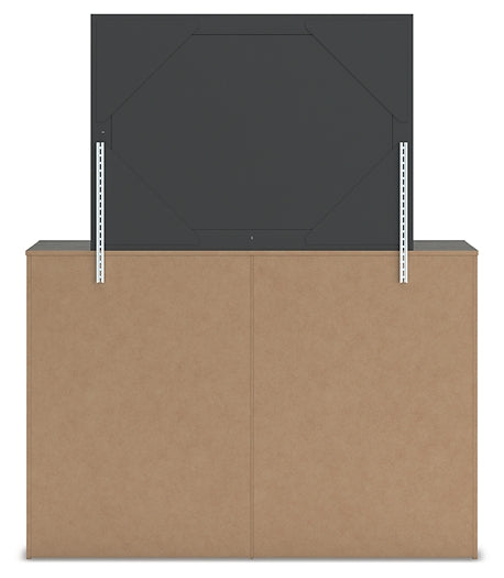 Fraluna King Panel Storage Bed with Mirrored Dresser and Nightstand