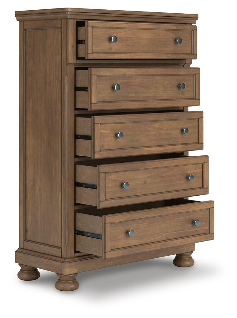 Feddinger Queen Storage Sleigh Bed with Mirrored Dresser, Chest and Nightstand