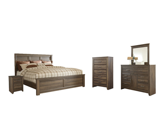 Juararo Queen Panel Bed with Mirrored Dresser, Chest and Nightstand