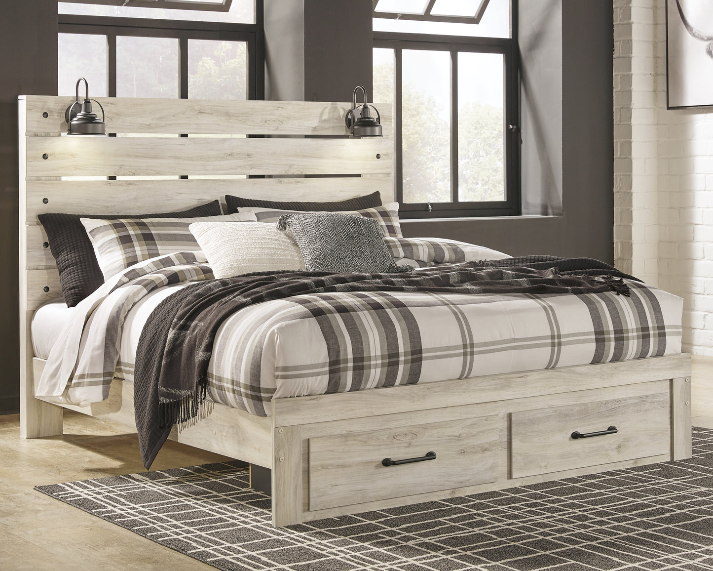 Cambeck King Panel Bed with 2 Storage Drawers with Mirrored Dresser