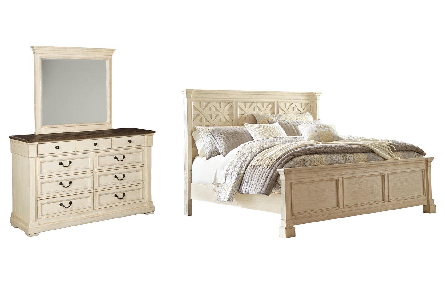 Bolanburg King Panel Bed with Mirrored Dresser