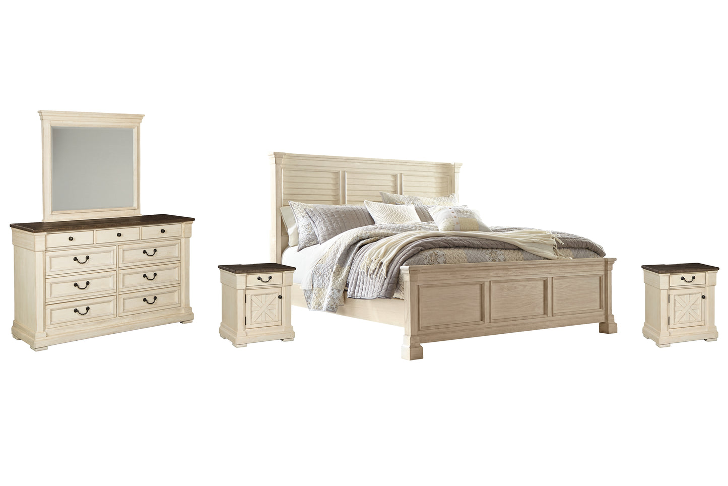 Bolanburg Queen Panel Bed with Mirrored Dresser and 2 Nightstands