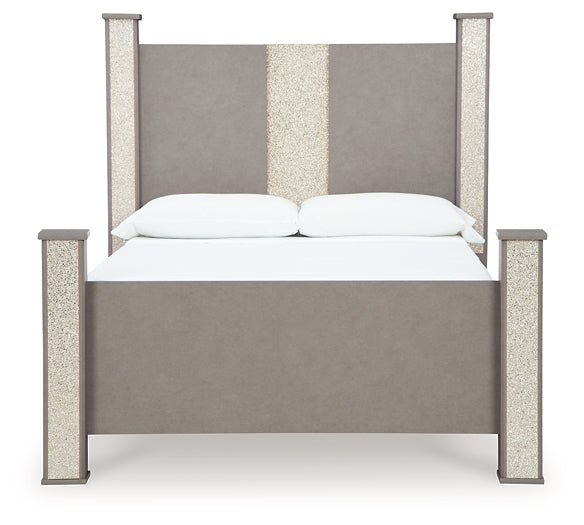 Surancha Queen Poster Bed with Mirrored Dresser and Chest